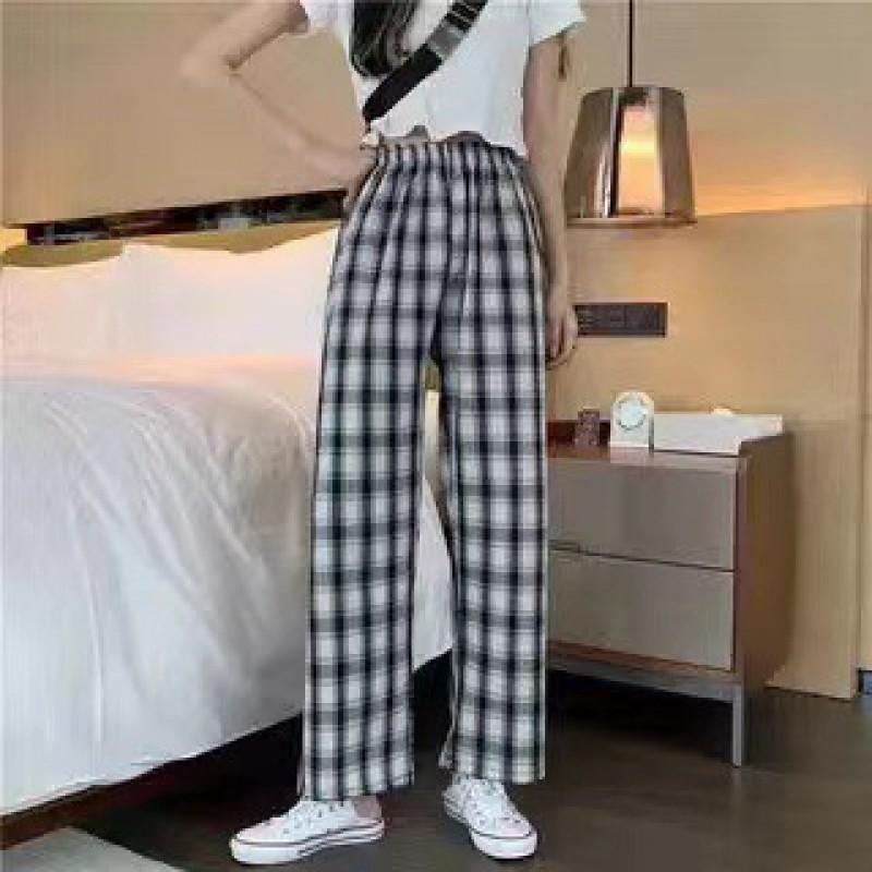 Womens High-Waisted Wide-Leg Plaid Trousers Lightweight Flowy Loose Fit Casual Pants 2026