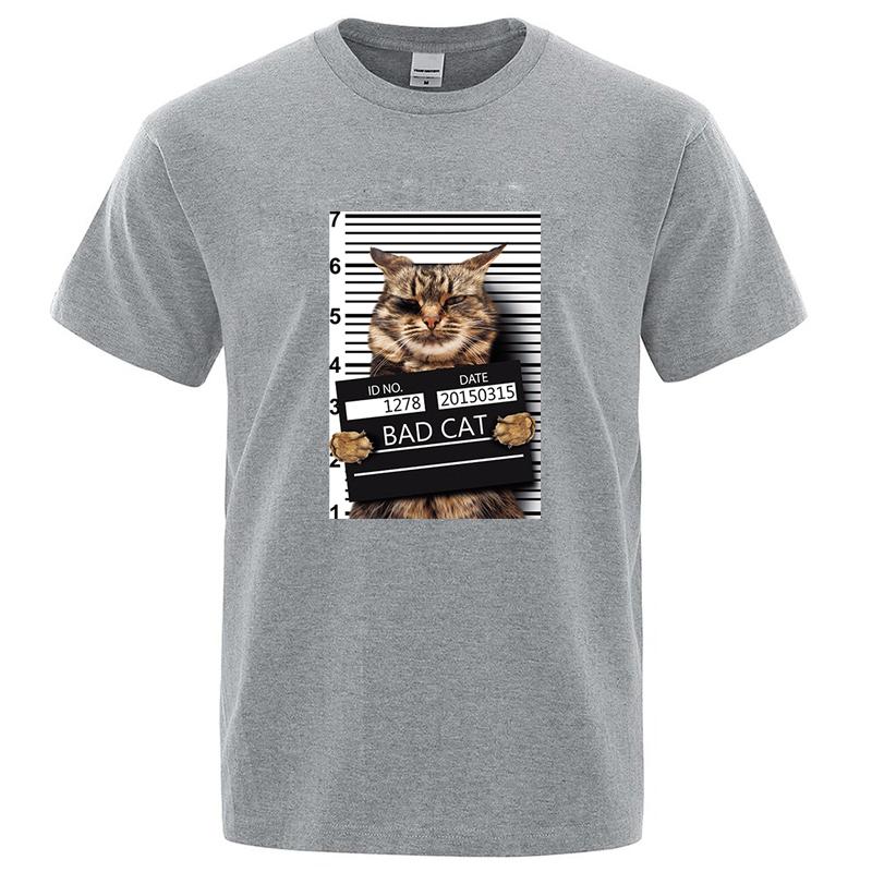 

Summer Men s T-shirt 100% Cotton Funny Criminal Cat Pattern Printed Casual Cool O-neck T Shirt Loose Male Tees Tops XXXL сірий