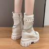 Autumn Thick Heel Ankle Boots Women 11.5CM Chunky Sneakers High Heels Winter Platform Leather Shoes Woman Metal Chain Punk Boots