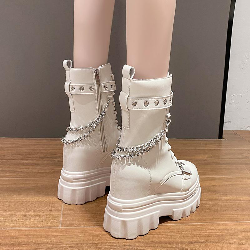 Autumn Thick Heel Ankle Boots Women 11.5CM Chunky Sneakers High Heels Winter Platform Leather Shoes Woman Metal Chain Punk Boots