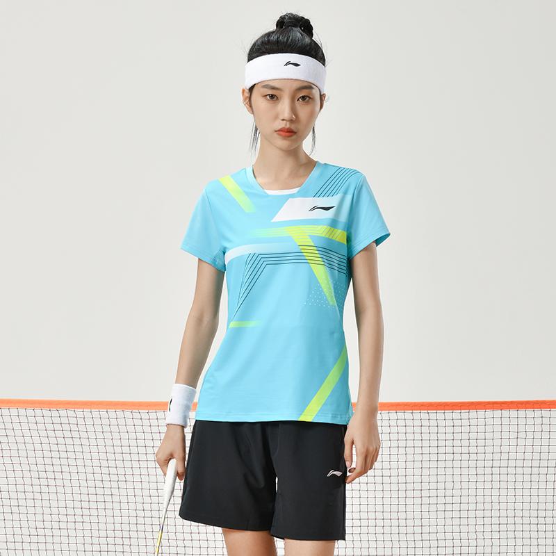 Li Ning Badminton Series Striped Quick-Dry Straight-Cut Short Sleeve T-Shirt Men Tops Sky-Blue AAYU137-3