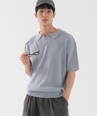 PIANER Classic Open Collar Short Sleeve Knit (Blue Gray)