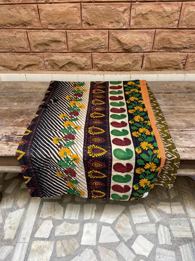 Handmade Kantha Quilt: Floral & Striped Bohemian Bedspread
