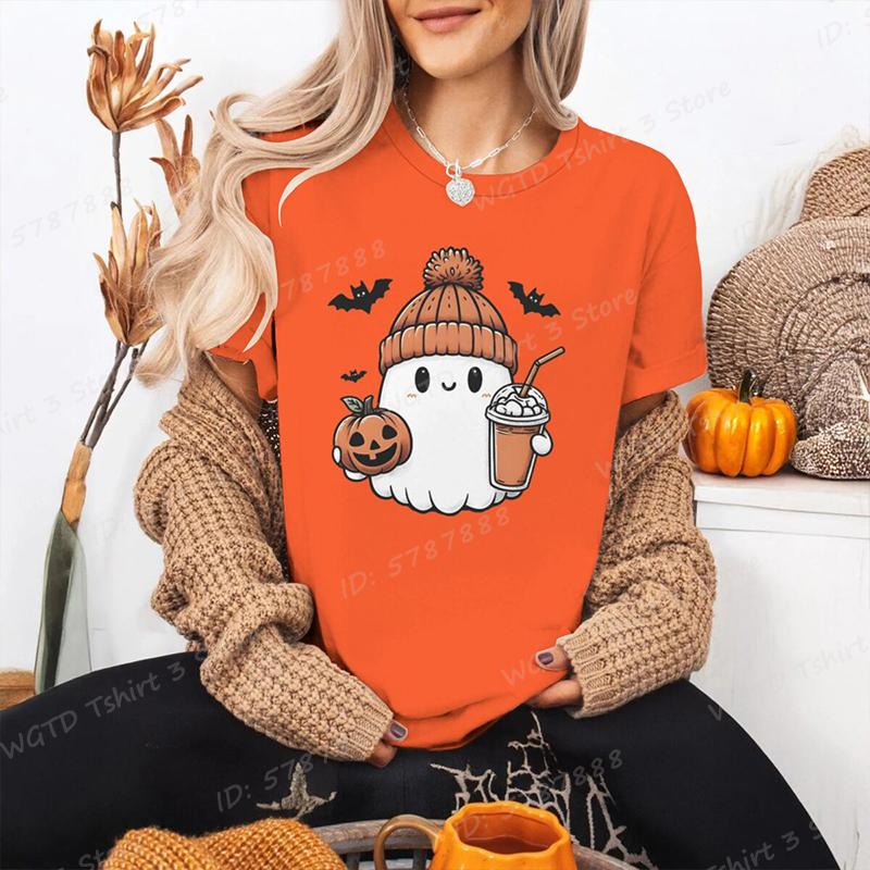 Funny Halloween Skeleton  Pumpkin Letter Print Tshirts Trendy Casual Short Sleeve Crew Neck Tees Tops Womens Clothing