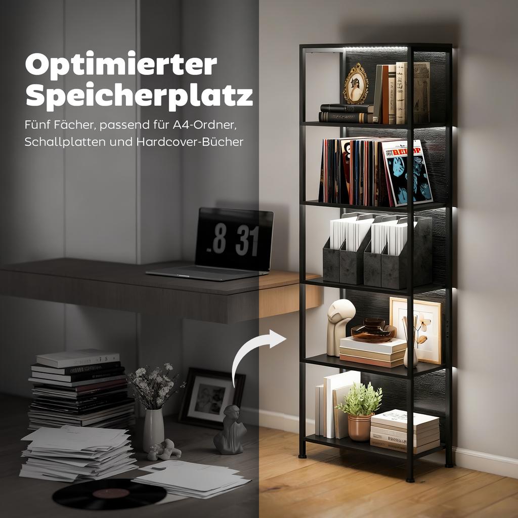 Bookshelf with 5 Levels, Standing Shelf with LED Lighting, 7 Light Colors, for Living Room, 60 x 30 x 179 cm Black