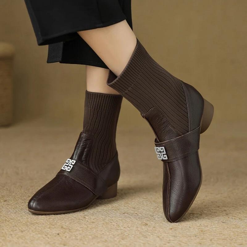 

Модные женские ботильоны средней высоты каблука, модный квадратный носок, вязаные, мягкие и удобные, дышащие стрейч-сапоги, новая женская обувь 2024 41 коричневый
