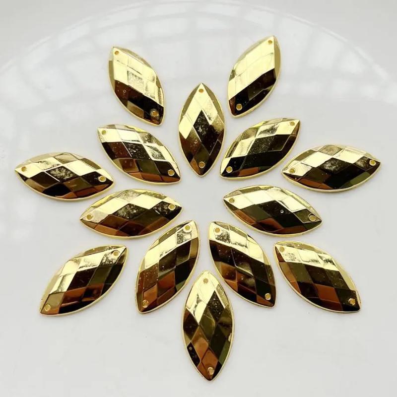 50 peças de strass dourados em formato de olho de cavalo, 12x25mm, com dois furos, usados para fazer joias DIY em acessórios de vestuário