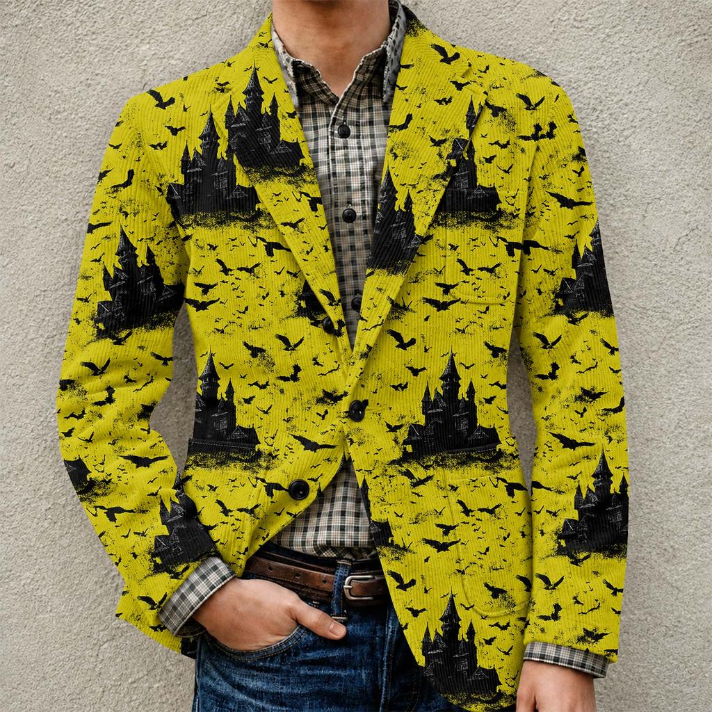 Men's Halloween Printed Corduroy Warm Pocket Blazer Jacket Casual Suit Coat Button Front Long Sleeve Outerwear
