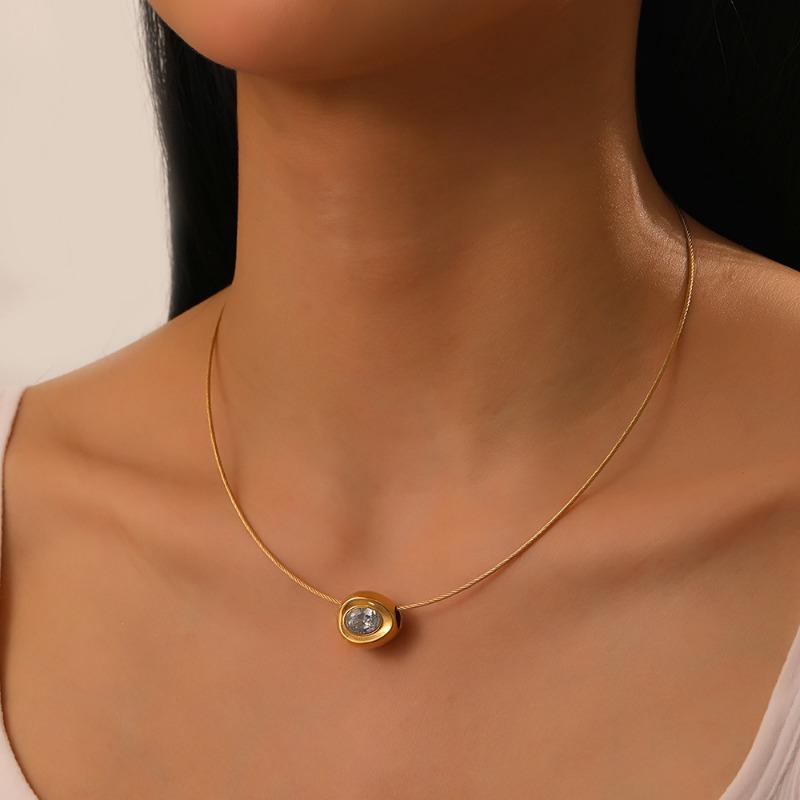 Gold Oval Cubic Zirconia Pendant Steel Wire Choker Necklace for Women