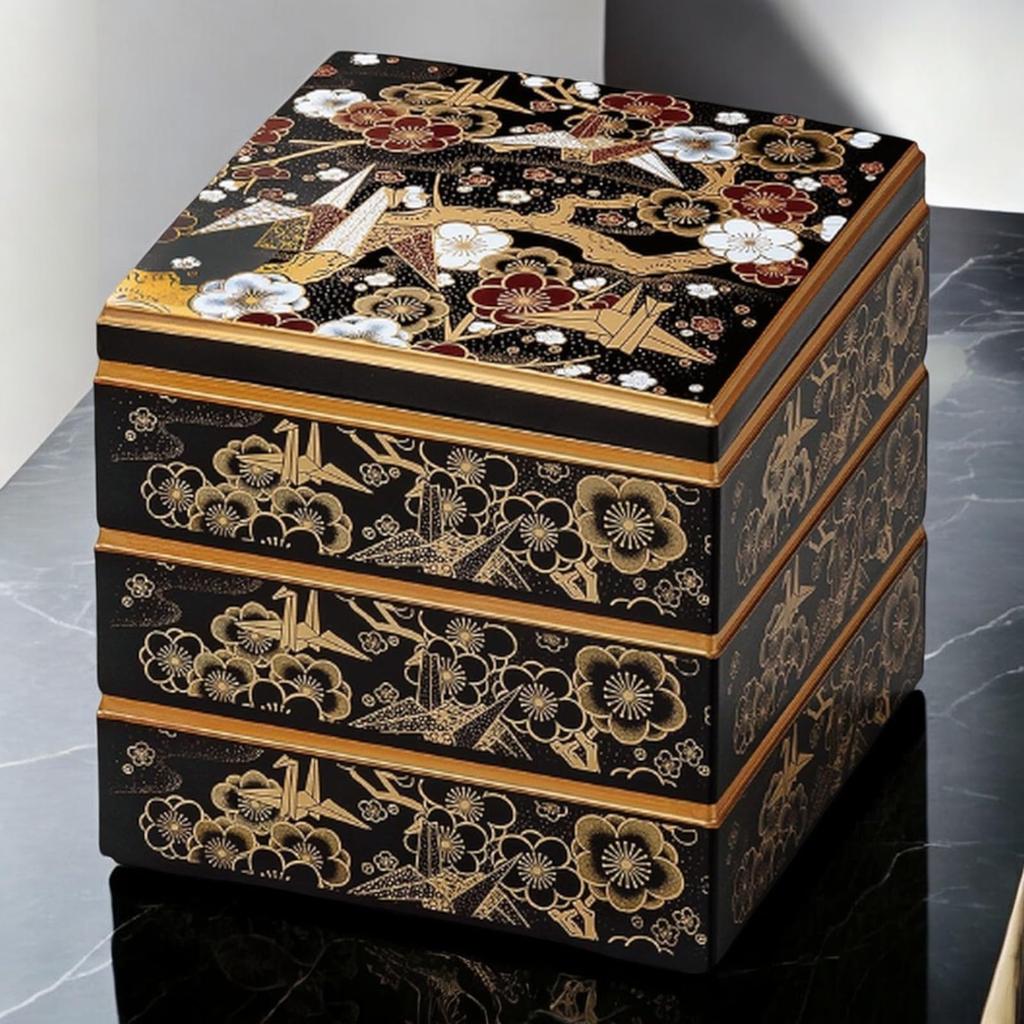 J-kitchens Lacquerware 3-Tiered Jubako Box, 6.5 Inches, Saikakugura Black, Origami Crane Design, 19cm, Resin, Made In Japan