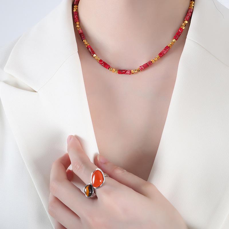 Baroc Piatră Naturală Colorată Piatră Împărat Mărgele Rotunde Colier Mărgelat Handmade Oțel Titan Lanț Versatil pentru Claviculă Bijuterii Femei