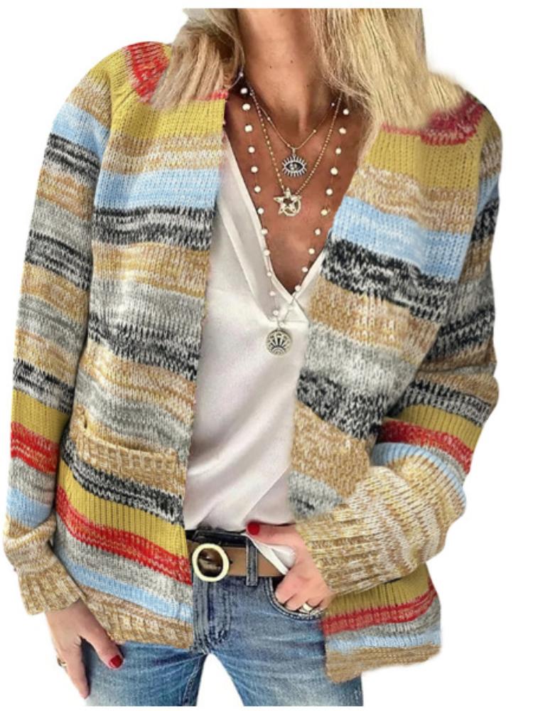 

Женский вязаный кардиган в разноцветную полоску, повседневный свитер с длинным рукавом и открытой передней частью, легкий оверсайз накидка XXXL красный