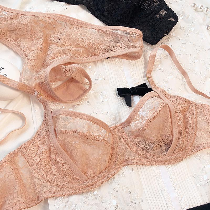 Set de lenjerie intimă franțuzească sexy pentru femei Set de sutien cu broderie din dantelă ultra subțire, confort de vară, sutien respirabil și seturi de lenjerie cu spatele T