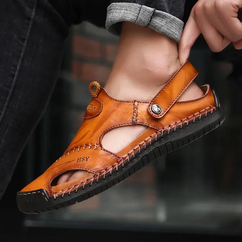 Herren Sommersandalen aus echtem Leder für den Außenbereich, leicht, römisch, große Größen 38-48, Wanderschuhe für Herren, weich, rutschfest, lässige Sandalen