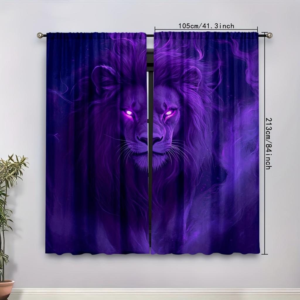Set Of 2 Curtains Featuring Dark Purple Lion Patterns Flowing Mist Glowing Eyes Showcasing Unique Fantasy Curtain Blackout Polyester
