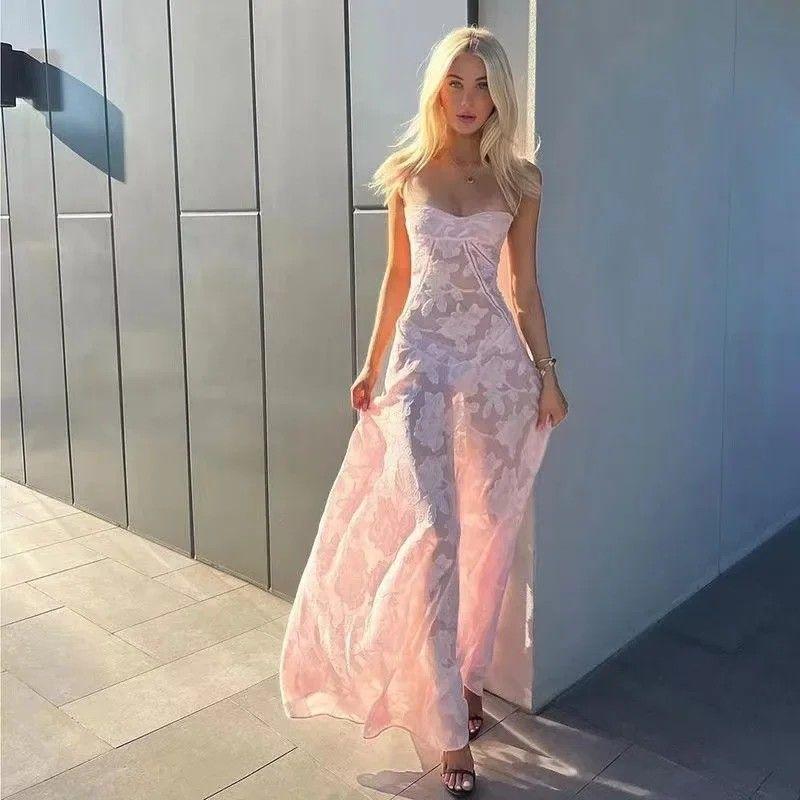 

Fashion Style Sexy Fashion Summer New Arrival Women s Clothing Elegant Dress Large Swing Hollow Thin Elegant Lace Fashion Pink L