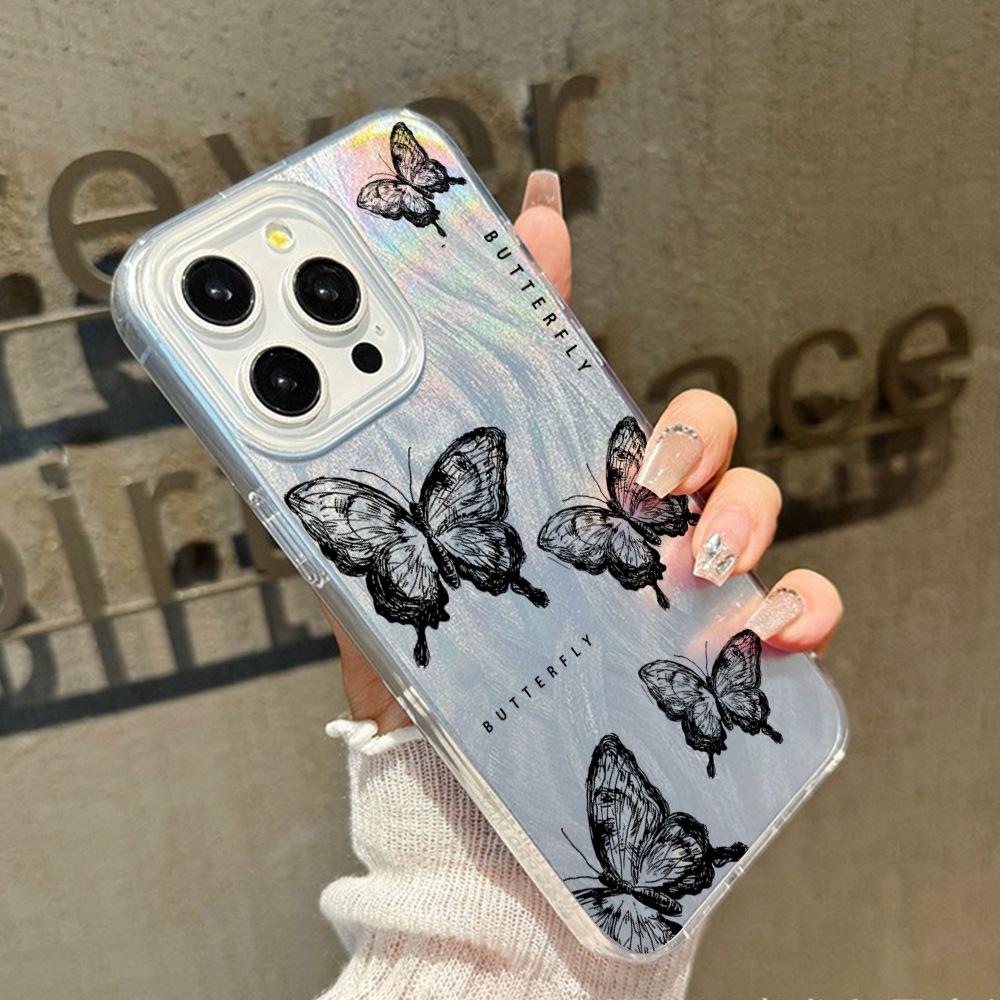 Feather yarn gradual change sketch black butterfly iPhone17 anti-drop mobile phone case Apple 16promax premium sense protective case