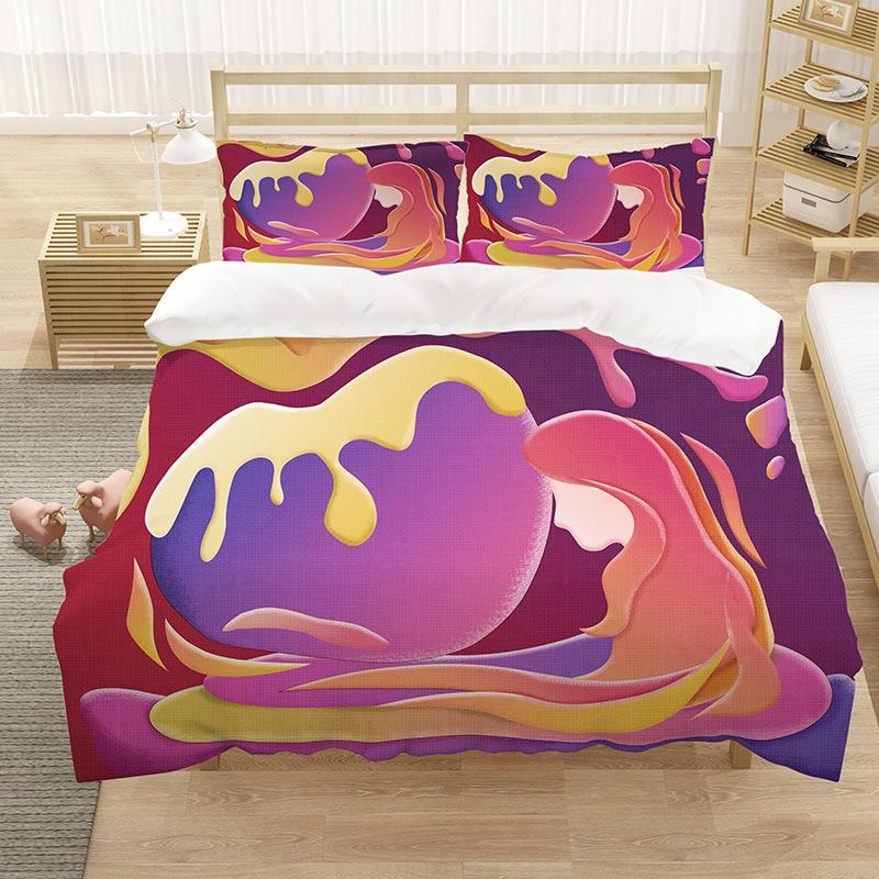 Cartoon King Queen Duvet Cover Painted Art Style Bedding Set for Kids Teens Adults Purple Girl Cat 2/3pcs Polyester Quilt Cover