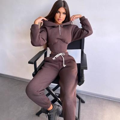 European and American Fashion Casual Women's Solid Color Long-sleeved Waist Cardigan Hooded Sweater Strappy Pants Two-piece Set