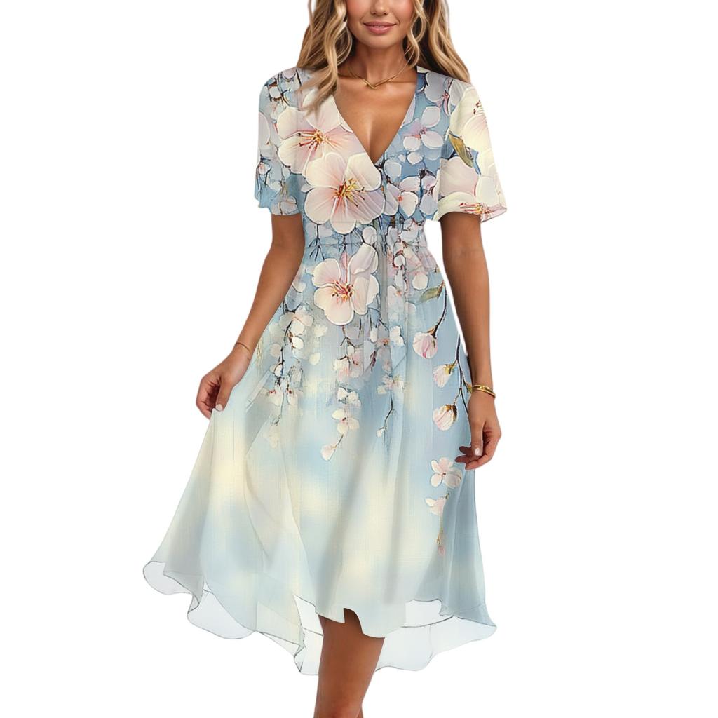 Damenmode Lässig V-Ausschnitt Kurzarm Rüschen Vintage Bedruckte Kleider