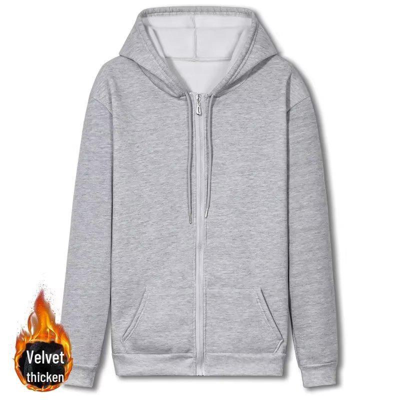

Мужская куртка из плюша осень/зима - утолщенный бархат, однотонный цвет, большой размер, толстовка с капюшоном на молнии M серый