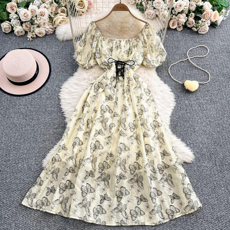 French style Retro Butterfly Print Square Collar Puff sleeve Dress Women Summer Lace-up Waist Hugging Slimming Big Hemline Long Dress