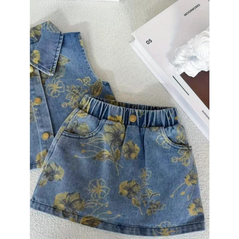 Girls' Stylish Summer Floral Print Faux Denim Set with Metal Button Lapel Top + Flower Faux Denim Skirt, Thin Fit Two-Piece Outfit for Kids