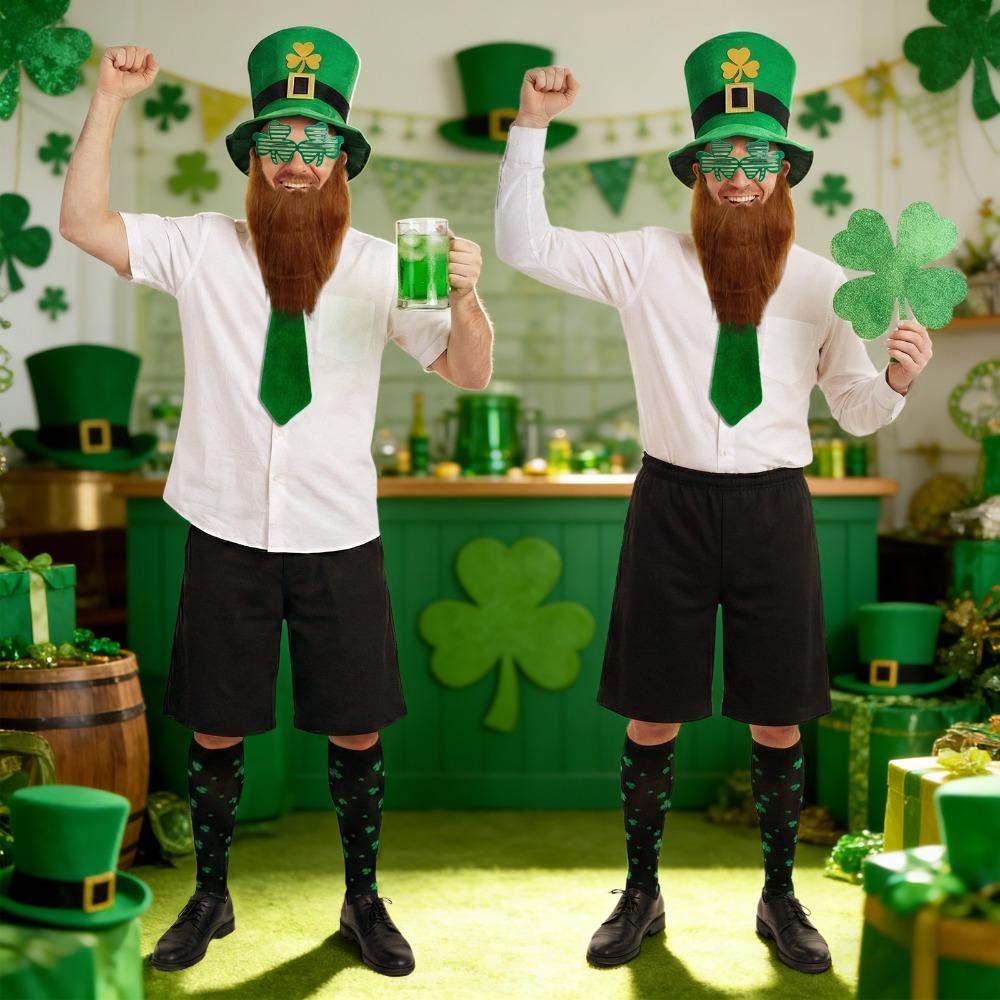 4pcs Leprechaun Green Hat with Beard Costume Accessory St. Patrick's Day Party Costume Suit Hat Bow Tie Beard Socks Accessory
