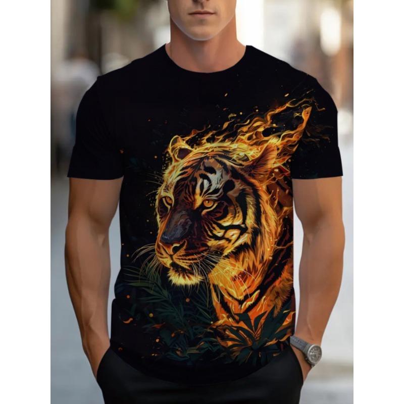 Men's Fire Tiger 3D Printed T-Shirt Casual Short Sleeve Crewneck Top Cool Blazing Flame Wild Animal Graphic Tee Trendy Streetwear Summer Clothes