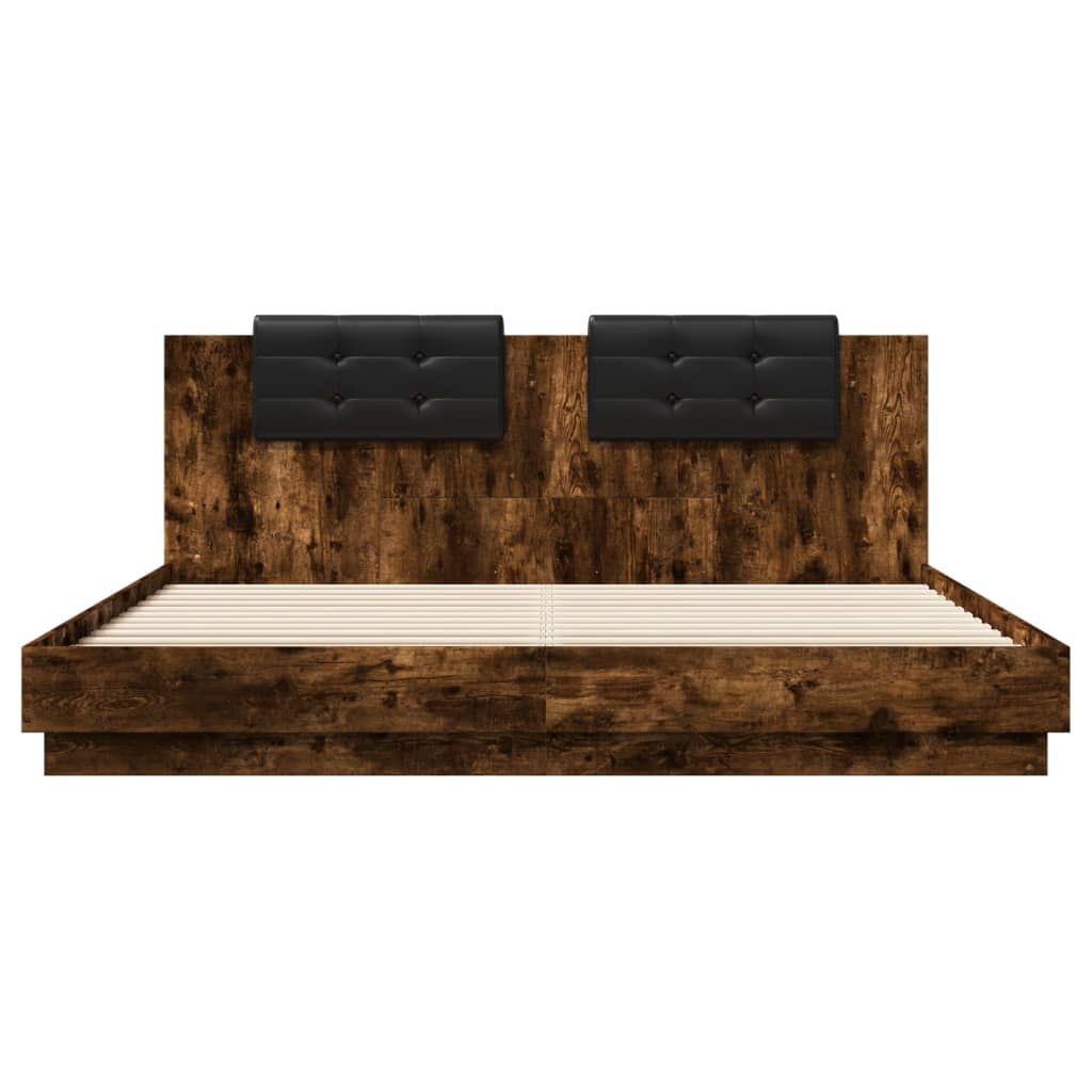 Bed Frame with Headboard & LED Lights Smoked Oak 200x200 Cm