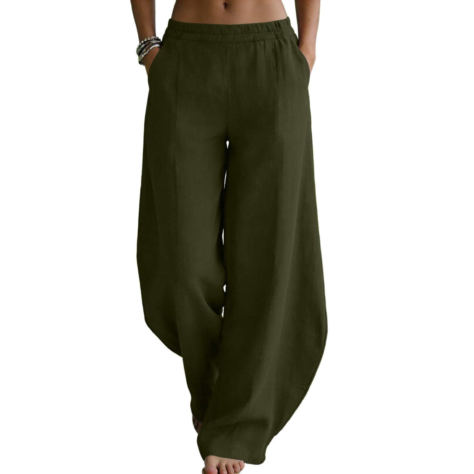 

Women Elastic High Waist Pant Casual Fit Wide Leg Long Pants Trousers With Pockets XL рожевий