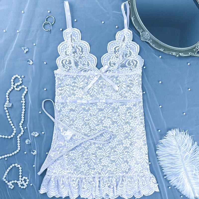 Women Floral Lace Bra Set Sexy Nightwears+Thongs Transparent Lace Mini Dress Sheer Erotic Shapewear Night Dress