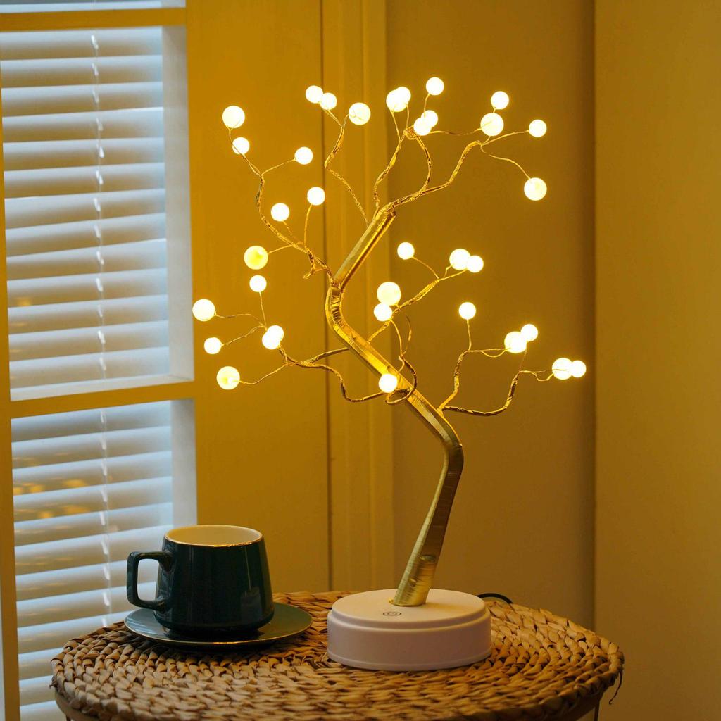 LED Bonsai Tree Lamp: Silver Branches with Pearls and Gold Leaf, Perfect for Christmas or Night Lighting