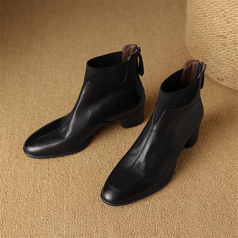 Fashion New Autumn Genuine Leather Women Boots Fashion Round Toe Boots for Women Short Boots Botines Mujer Chunky Heels Black Brown