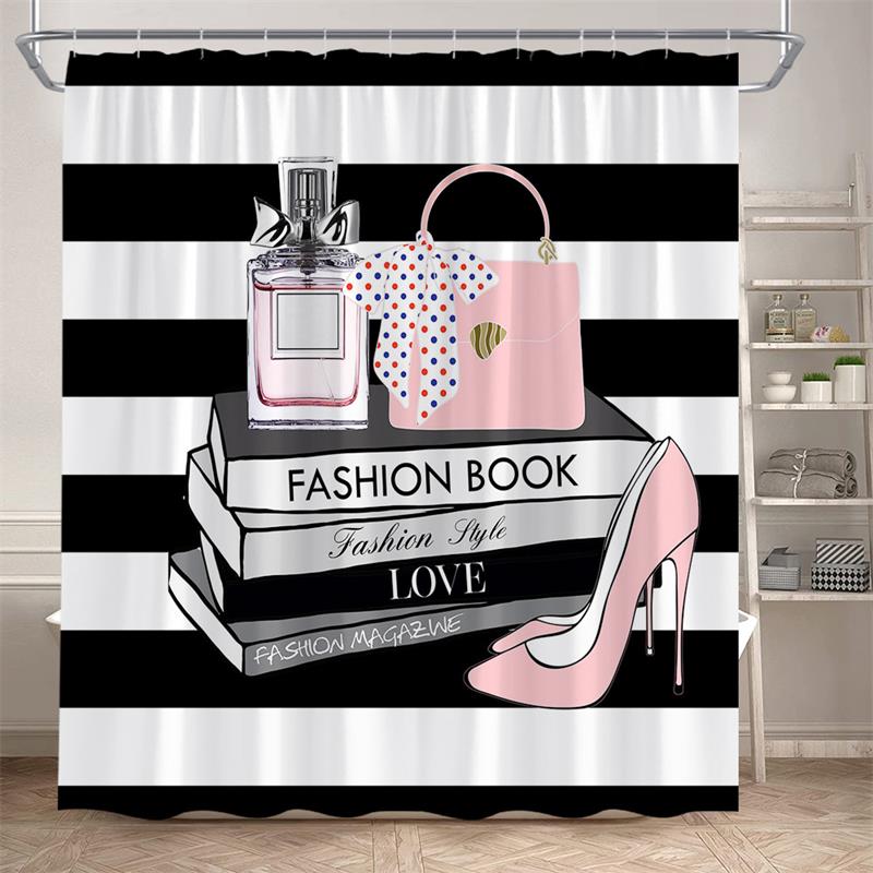 Floral Perfume Shower Curtains Pink Flower Butterfly Red High Heel Black White Stripe Fashion bath Curtain Fabric Bathroom Decor