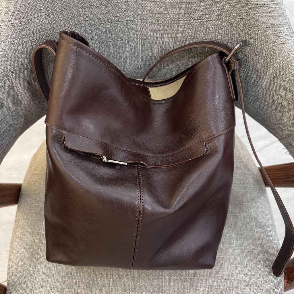 Women's Genuine Leather Retro Tote Bag - Casual Cowhide Shoulder and Crossbody Bag, Large Capacity, Underarm Style