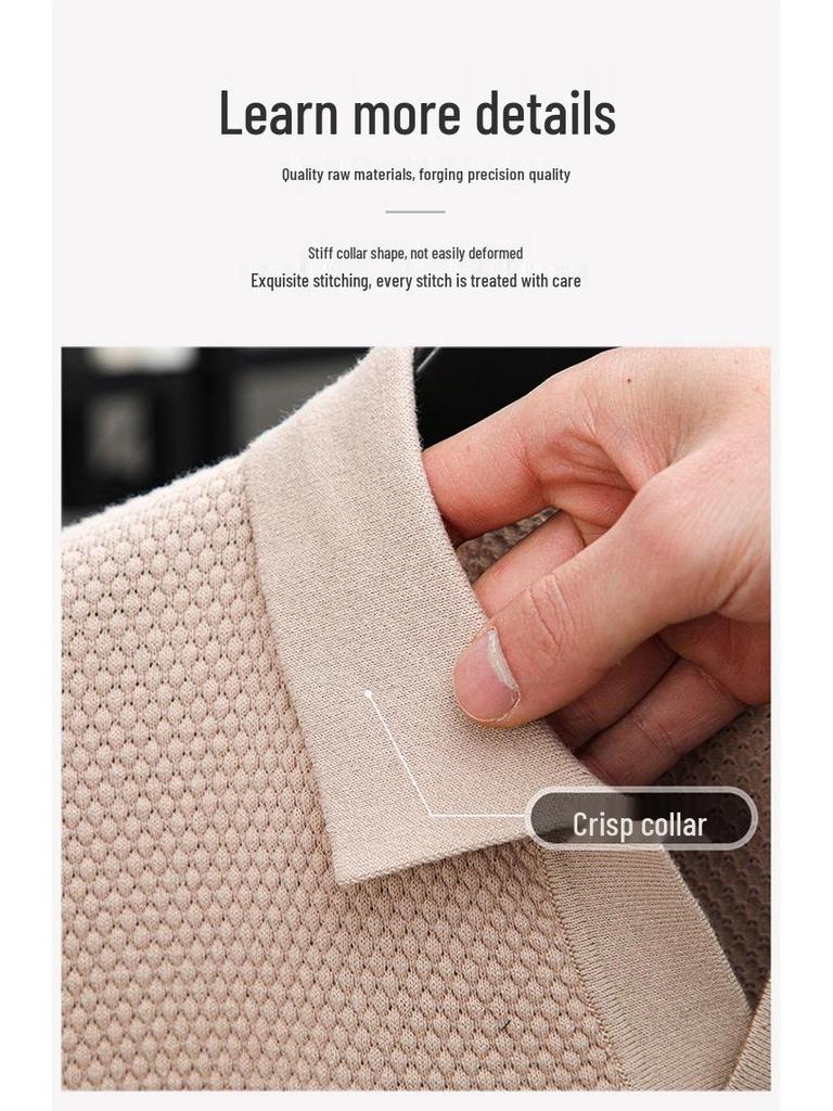 Men's 2025 Summer V-neck Polo - Casual Short Sleeve Pure Cotton Shirt with Pineapple Texture