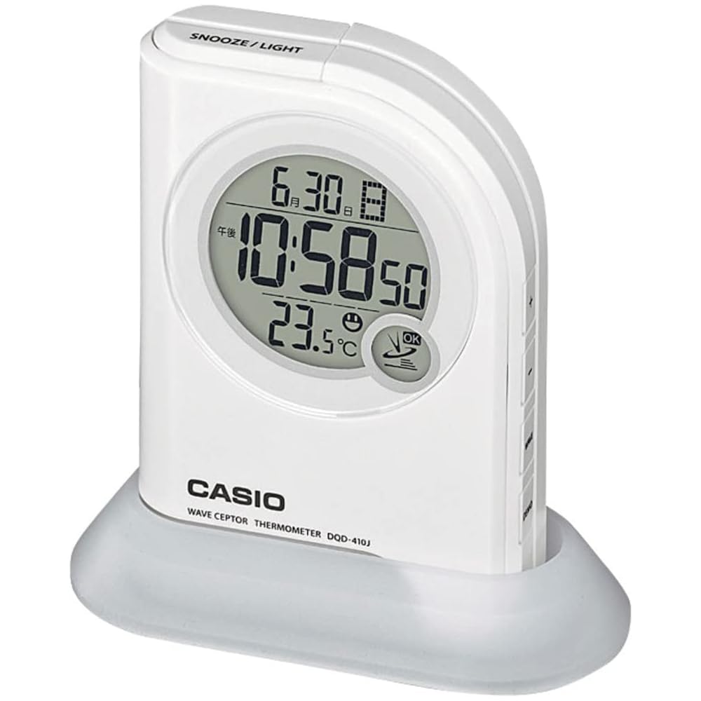 CASIO Alarm Clock, Radio-Controlled, White, Digital, Flashlight Function, Temperature, Calendar, DQD-410J-7JF