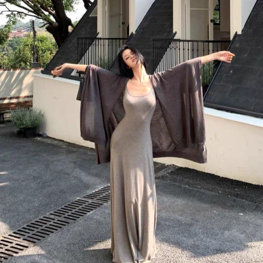 

Women s Gray Spaghetti Strap A-Line Summer Dress (2026), Waist-Cinched Slimming Design, Hot Girl Sexy Style, Long Length Small