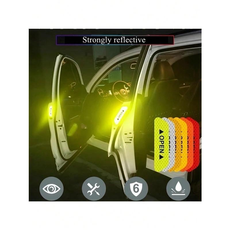 4pcs Reflective Car Door Warning Stickers, Anti-Collision Decals with Open Sign, Night Reflective High Temperature Decorative Stickers