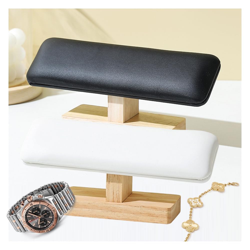 Stylish PU watch stand with natural wood accents for perfect for home retail display T-shaped stand/accessory 2-4 watches, (black)
