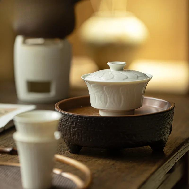 140ML Ding Kiln White Lotus Leaves Gaiwan Aesthetic Tea Tureen Tea Bowl With Lid Kit Tea Brewing Cover Bowl Tableware Decoration