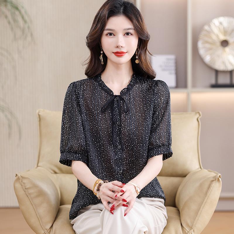 

Women s Summer Short Sleeve Retro Polka Dot Mulberry Silk Top 4XL (135-150 jin) чорний