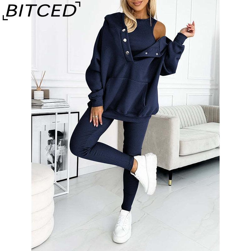 BITCED Women's Sportswear Hooded Sweatshirt with Thick Ribbed Slim-Fit Vest and Trousers Three-Piece Set