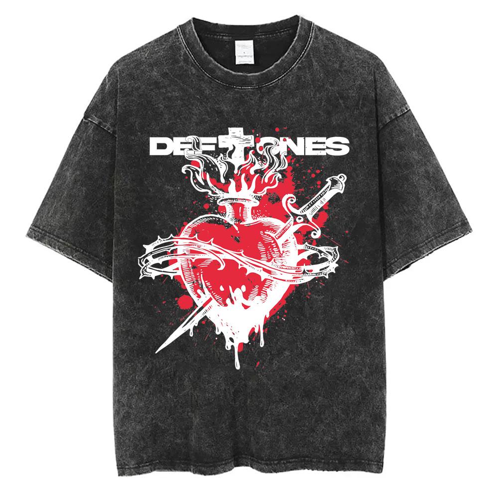 Washed Vintage Rock Band Deftones Cat Graphic Tshirts Men Alternative Heavy Metal Short Sleeve T Shirts Male Retro Streetwear