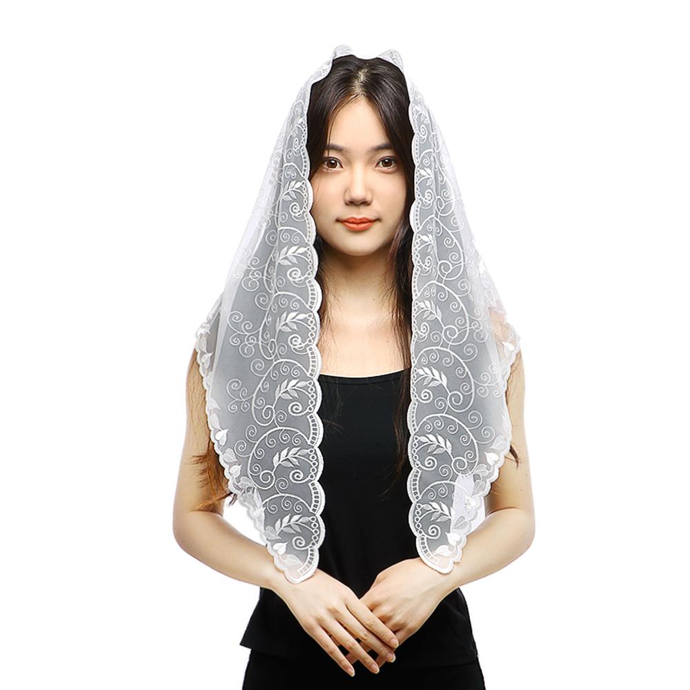Triangle Lace Scarf for Church Shawl Women Christian Veil Embroidered Floral Shawls Transparent Lace Bandana Foulard Femme Hijab