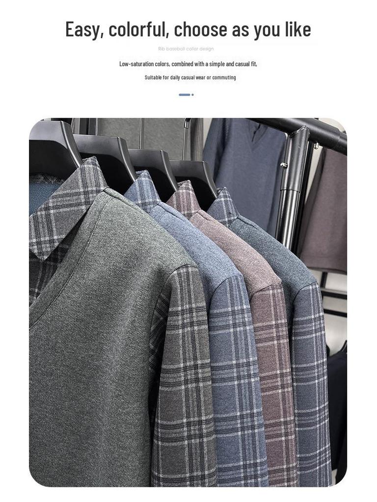 Men's Winter Knit Shirt with Velvet Thickened Layer and Collar