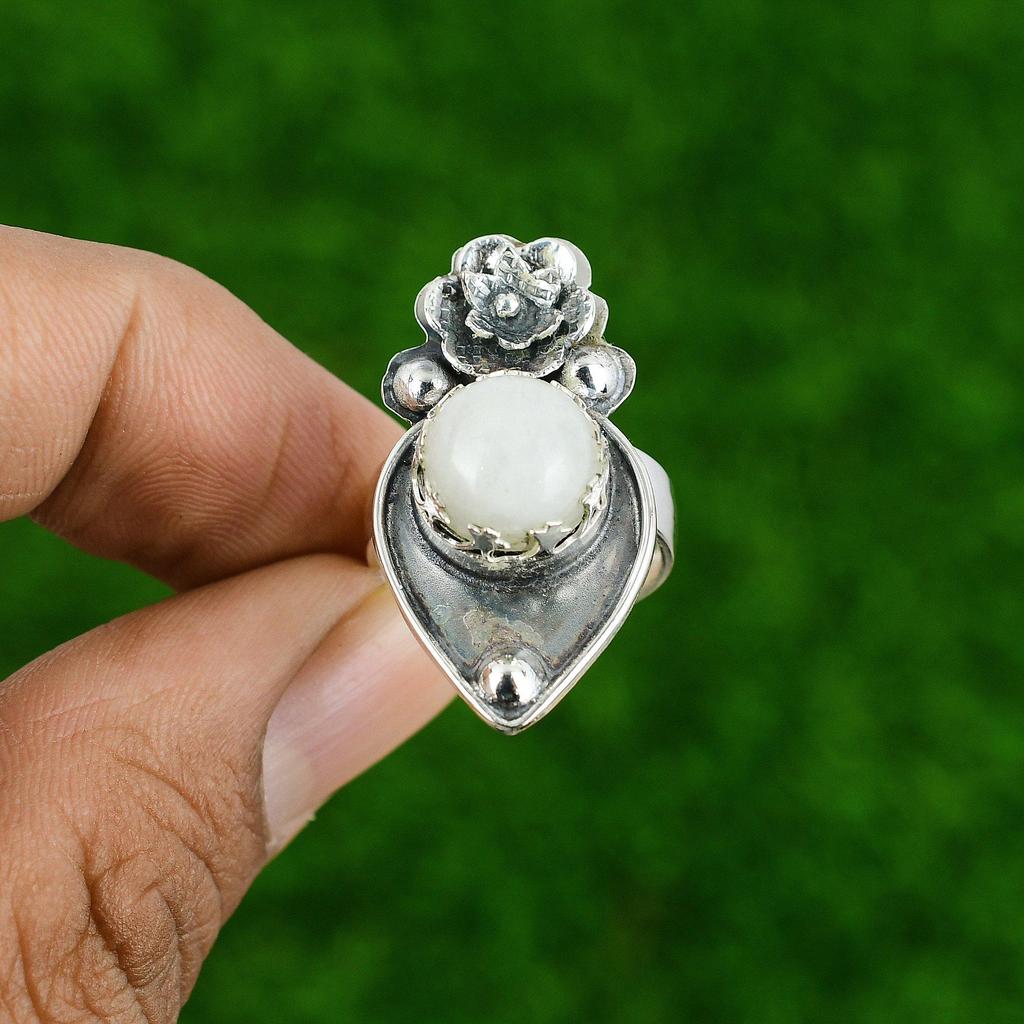 Natural Rainbow Moonstone Multi Stone Flower White Adjustable Ring 925 Silver