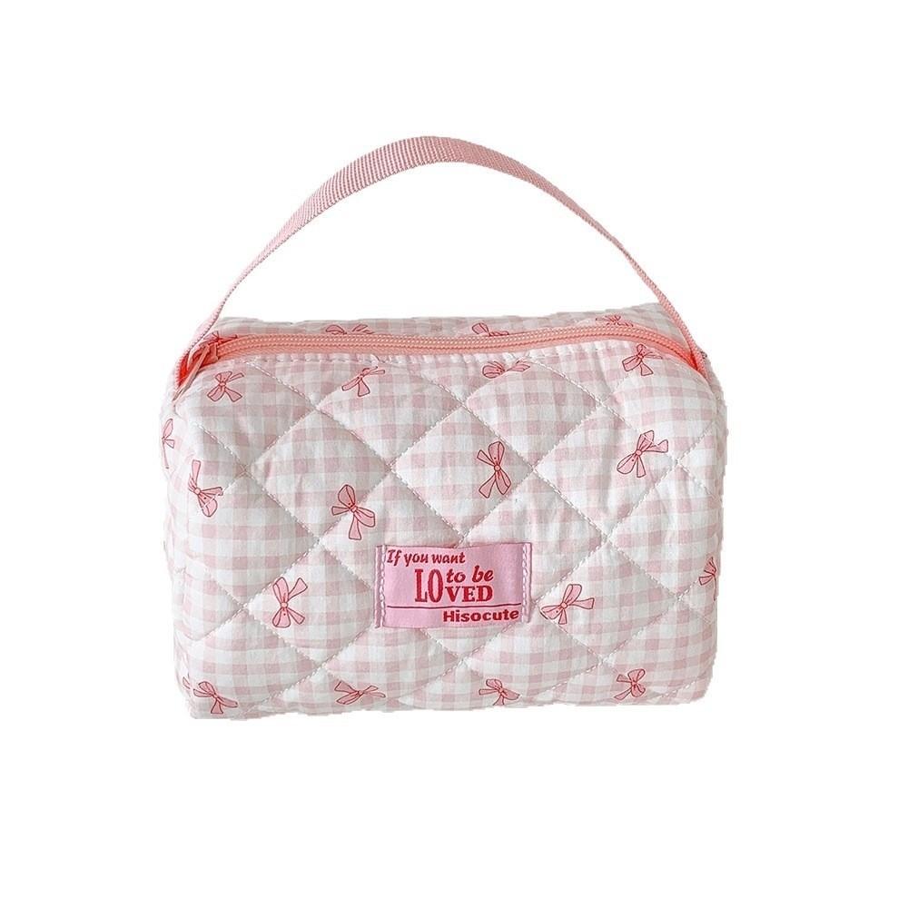 Quilted Pen Pouch Grid Pattern Handheld Makeup Bag Multi-functional Bowknot Pen Bag Travel