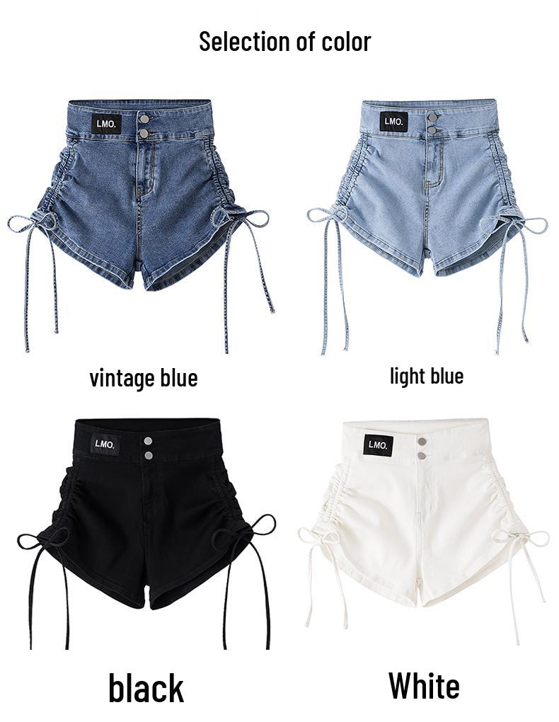 Dámské letní džínové šortky s vysokým pasem a šněrováním - Slim Fit, Obepínající hýždě, Trendy, Elastické Super Krátké Hot Pants